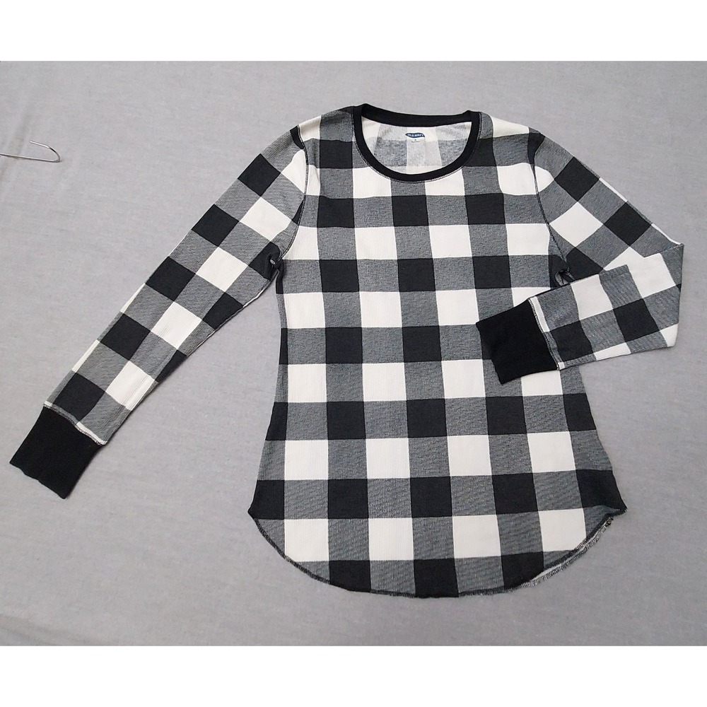 Old Navy Thermal Top Women XL Black White Grunge Buffalo Plaid Waffle Knit Cabin